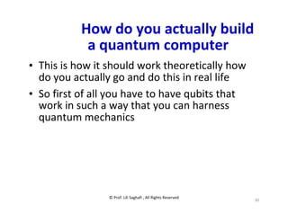 © Prof. Lili Saghafi , All Rights Reserved
30
How do you actually build
a quantum computer
• This is how it should work theoretically how
do you actually go and do this in real life
• So first of all you have to have qubits that
work in such a way that you can harness
quantum mechanics
 