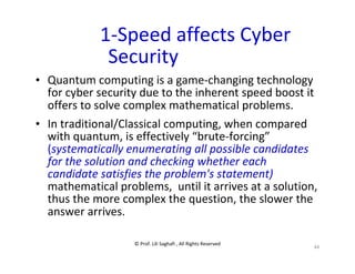 © Prof. Lili Saghafi , All Rights Reserved
44
1-Speed affects Cyber
Security
• Quantum computing is a game-changing technology
for cyber security due to the inherent speed boost it
offers to solve complex mathematical problems.
• In traditional/Classical computing, when compared
with quantum, is effectively “brute-forcing”
(systematically enumerating all possible candidates
for the solution and checking whether each
candidate satisfies the problem's statement)
mathematical problems, until it arrives at a solution,
thus the more complex the question, the slower the
answer arrives.
 