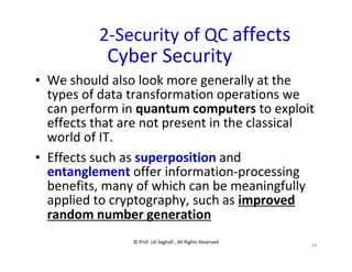 © Prof. Lili Saghafi , All Rights Reserved
50
2-Security of QC affects
Cyber Security
• We should also look more generally at the
types of data transformation operations we
can perform in quantum computers to exploit
effects that are not present in the classical
world of IT.
• Effects such as superposition and
entanglement offer information-processing
benefits, many of which can be meaningfully
applied to cryptography, such as improved
random number generation
 