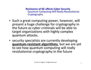 © Prof. Lili Saghafi , All Rights Reserved
55
Resistance of QC affects Cyber Security
Quantum Computing Will Really Revolutionize
Cryptography
• Such a great computing power, however, will
present a huge challenge for cryptography in
the future as cyber criminals will be able to
target organizations with highly complex
quantum attacks.
• security specialists are currently developing
quantum-resistant algorithms, but we are yet
to see how quantum computing will really
revolutionize cryptography in the future
 