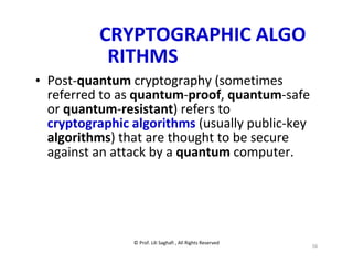 © Prof. Lili Saghafi , All Rights Reserved
56
CRYPTOGRAPHIC ALGO
RITHMS
• Post-quantum cryptography (sometimes
referred to as quantum-proof, quantum-safe
or quantum-resistant) refers to
cryptographic algorithms (usually public-key
algorithms) that are thought to be secure
against an attack by a quantum computer.
 