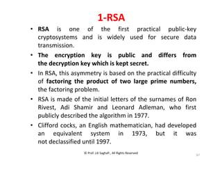 © Prof. Lili Saghafi , All Rights Reserved
67
1-RSA
• RSA is one of the first practical public-key
cryptosystems and is widely used for secure data
transmission.
• The encryption key is public and differs from
the decryption key which is kept secret.
• In RSA, this asymmetry is based on the practical difficulty
of factoring the product of two large prime numbers,
the factoring problem.
• RSA is made of the initial letters of the surnames of Ron
Rivest, Adi Shamir and Leonard Adleman, who first
publicly described the algorithm in 1977.
• Clifford cocks, an English mathematician, had developed
an equivalent system in 1973, but it was
not declassified until 1997.
 