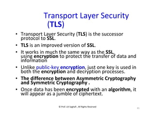 © Prof. Lili Saghafi , All Rights Reserved
85
Transport Layer Security
(TLS)
• Transport Layer Security (TLS) is the successor
protocol to SSL.
• TLS is an improved version of SSL.
• It works in much the same way as the SSL,
using encryption to protect the transfer of data and
information
• Unlike public-key encryption, just one key is used in
both the encryption and decryption processes.
• The difference between Asymmetric Cryptography
and Symmetric Cryptography .
• Once data has been encrypted with an algorithm, it
will appear as a jumble of ciphertext.
 