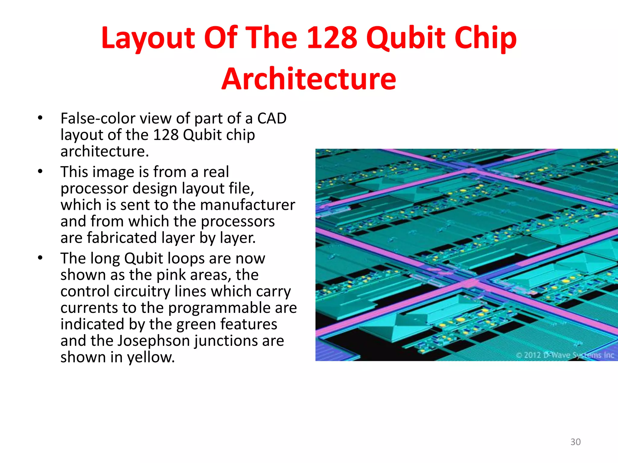 Layout Of The 128 Qubit Chip
Architecture
• False-color view of part of a CAD
layout of the 128 Qubit chip
architecture.
• This image is from a real
processor design layout file,
which is sent to the manufacturer
and from which the processors
are fabricated layer by layer.
• The long Qubit loops are now
shown as the pink areas, the
control circuitry lines which carry
currents to the programmable are
indicated by the green features
and the Josephson junctions are
shown in yellow.
30
 