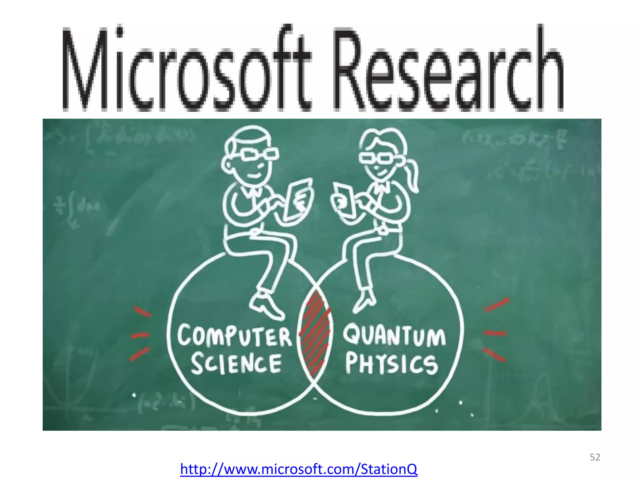 POTENTIAL APPLICATIONS
• Another early target application area the team will explore is in the
area of planning and scheduling. Determining the very best use of
limited resources during space missions—such as time and power—
can require hours, days or even weeks to solve with classical
algorithms.
• Automated planners have their origins in robotics and have been
used extensively in space applications.
• Examples of such applications developed at NASA Ames include
automated planners for the ongoing Mars Curiosity mission and
software that helps optimize operations of the International Space
Station’s solar arrays.
• NASA researchers are mapping planning problems from a variety of
areas, including planetary rover exploration, to forms suitable to be
run on quantum computing systems.
52
 