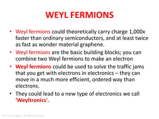 WEYL FERMIONS
• Weyl materials are direct 3-D electronic
analogs of graphene, which is being seriously
studied for potential applications.
© Prof. Lili Saghafi , All Rights Reserved
 