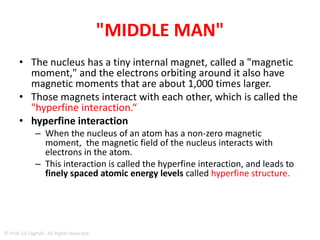 "MIDDLE MAN"
• Nuclei are promising contenders for quantum
memory because they are not easily influenced
by their surroundings.
• However, that also makes them extremely
difficult to manipulate.
• Many tried with little success
• Instead of trying control the nucleus directly, the
researchers focused on a "middle man" of sorts –
the electrons orbiting the nucleus.
© Prof. Lili Saghafi , All Rights Reserved
 