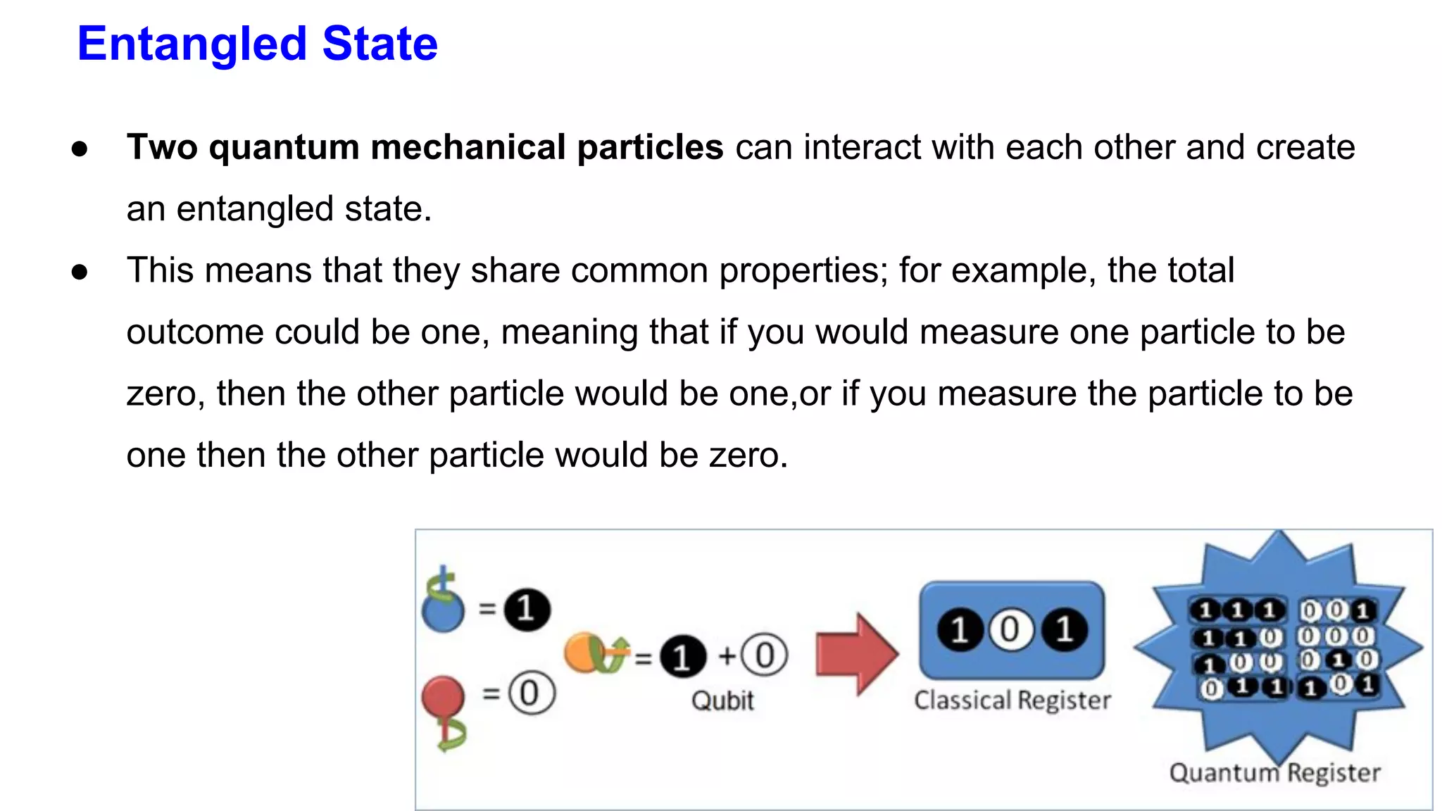 Entangled State
● Two quantum mechanical particles can interact with each other and create
an entangled state.
● This means that they share common properties; for example, the total
outcome could be one, meaning that if you would measure one particle to be
zero, then the other particle would be one,or if you measure the particle to be
one then the other particle would be zero.
 