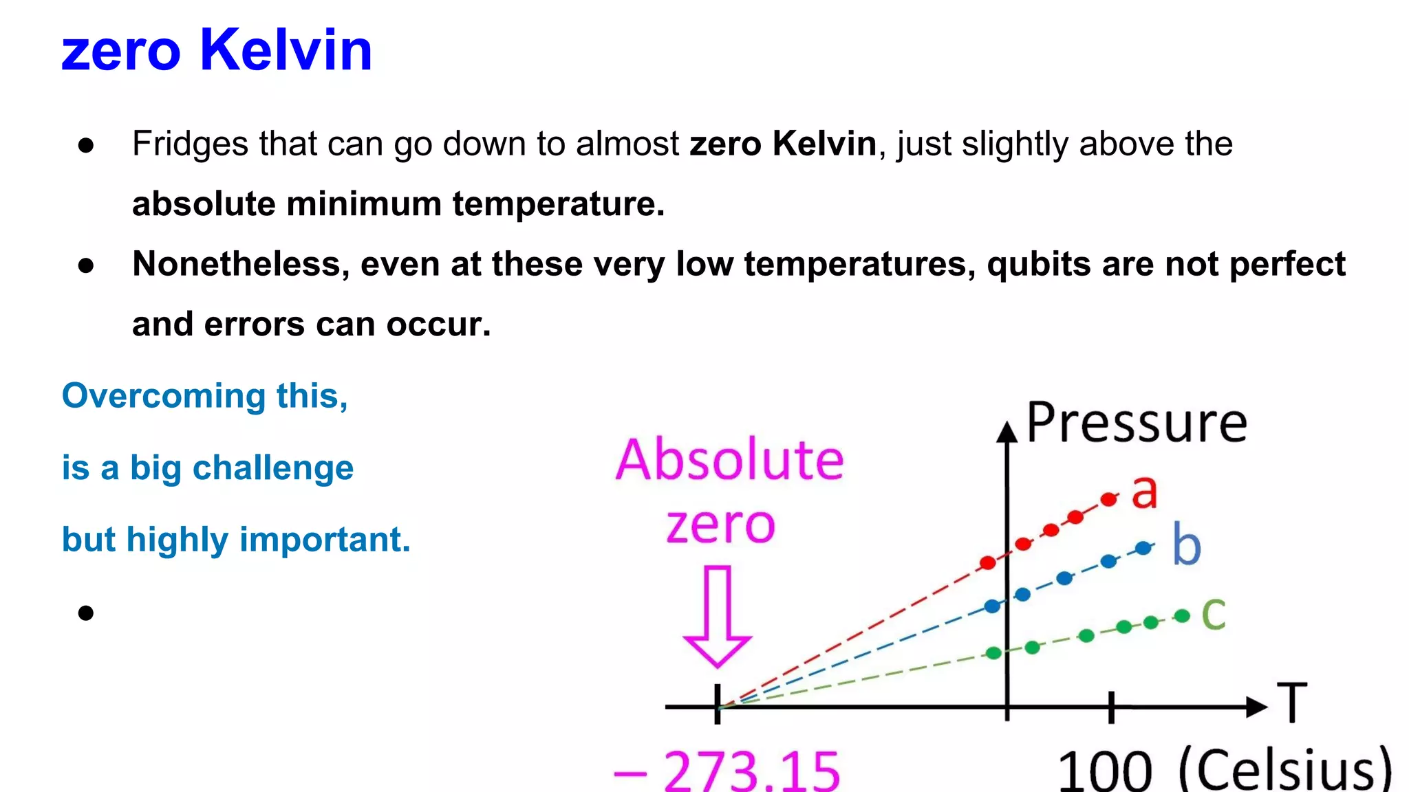 zero Kelvin
● Fridges that can go down to almost zero Kelvin, just slightly above the
absolute minimum temperature.
● Nonetheless, even at these very low temperatures, qubits are not perfect
and errors can occur.
Overcoming this,
is a big challenge
but highly important.
●
 