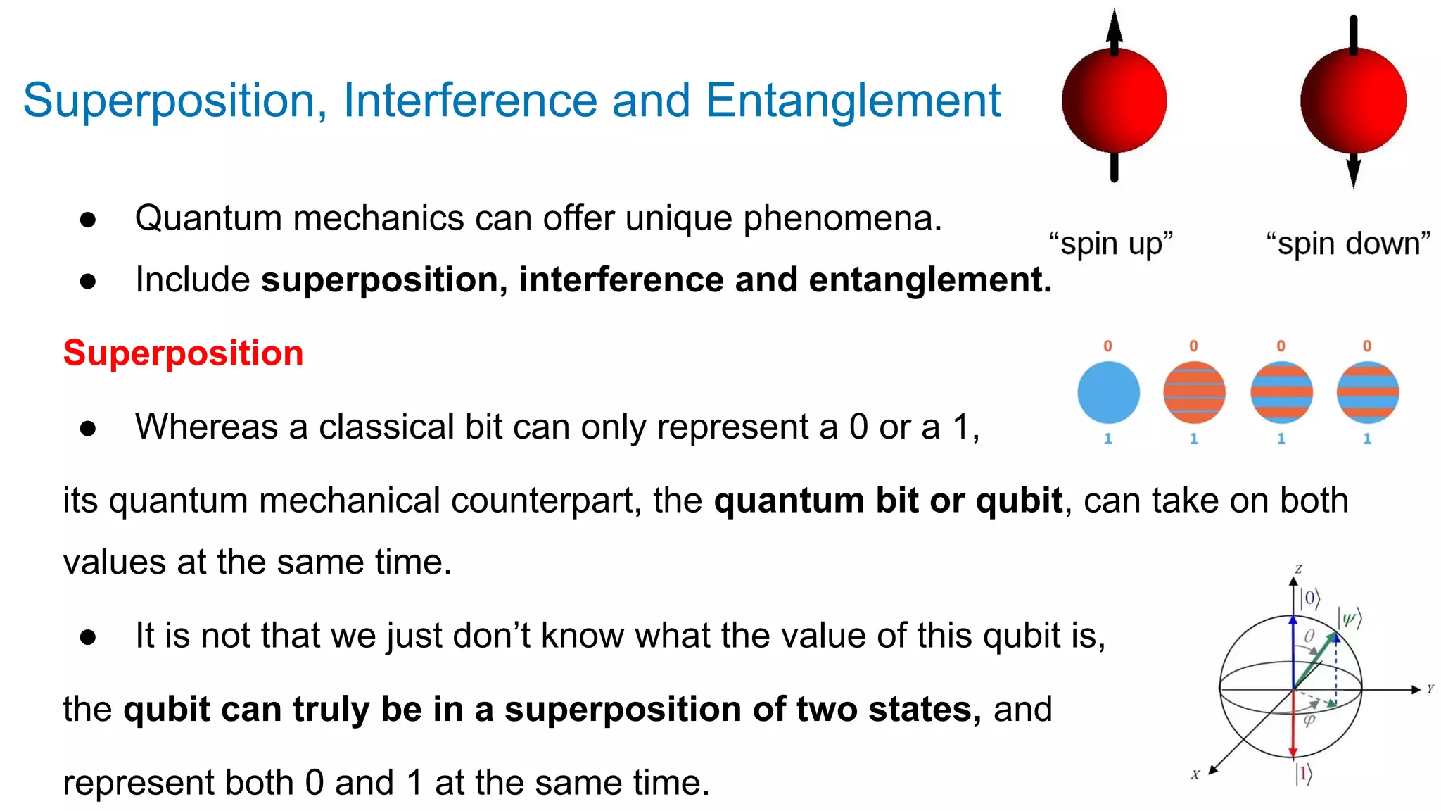Superposition, Interference and Entanglement
● Quantum mechanics can offer unique phenomena.
● Include superposition, interference and entanglement.
Superposition
● Whereas a classical bit can only represent a 0 or a 1,
its quantum mechanical counterpart, the quantum bit or qubit, can take on both
values at the same time.
● It is not that we just don’t know what the value of this qubit is,
the qubit can truly be in a superposition of two states, and
represent both 0 and 1 at the same time.
 