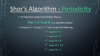 13
Shor’s Algorithm - Periodicity
 An important result from Number Theory:
F(a) = x mod N is a periodic function.
 Choose N = 15 and x = 7 and we get the following:
7 mod 15 = 1
7 mod 15 = 7
7 mod 15 = 4
7 mod 15 = 13
7 mod 15 = 1
…
a
0
1
2
3
4
 