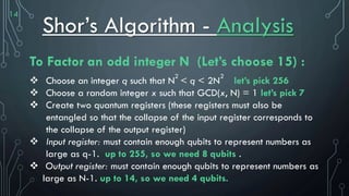 14
Shor’s Algorithm - Analysis
To Factor an odd integer N (Let’s choose 15) :
 Choose an integer q such that N < q < 2N let’s pick 256
 Choose a random integer x such that GCD(x, N) = 1 let’s pick 7
 Create two quantum registers (these registers must also be
entangled so that the collapse of the input register corresponds to
the collapse of the output register)
 Input register: must contain enough qubits to represent numbers as
large as q-1. up to 255, so we need 8 qubits .
 Output register: must contain enough qubits to represent numbers as
large as N-1. up to 14, so we need 4 qubits.
2 2
 