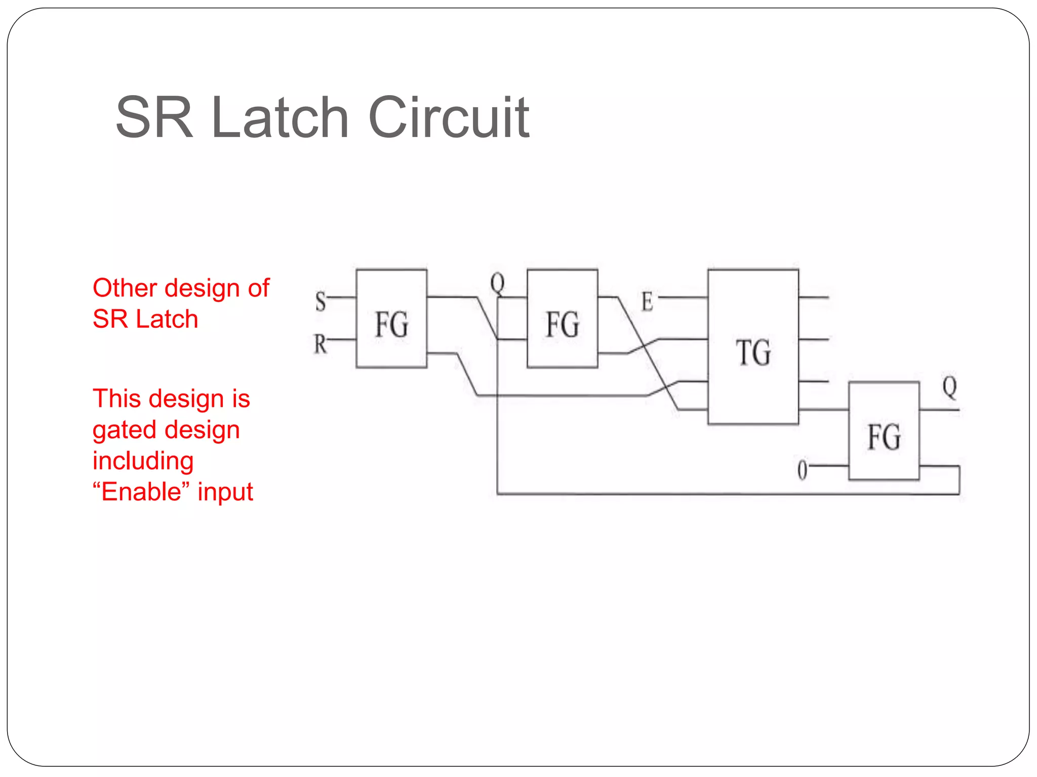 SR Latch Circuit
Other design of
SR Latch
This design is
gated design
including
“Enable” input
 