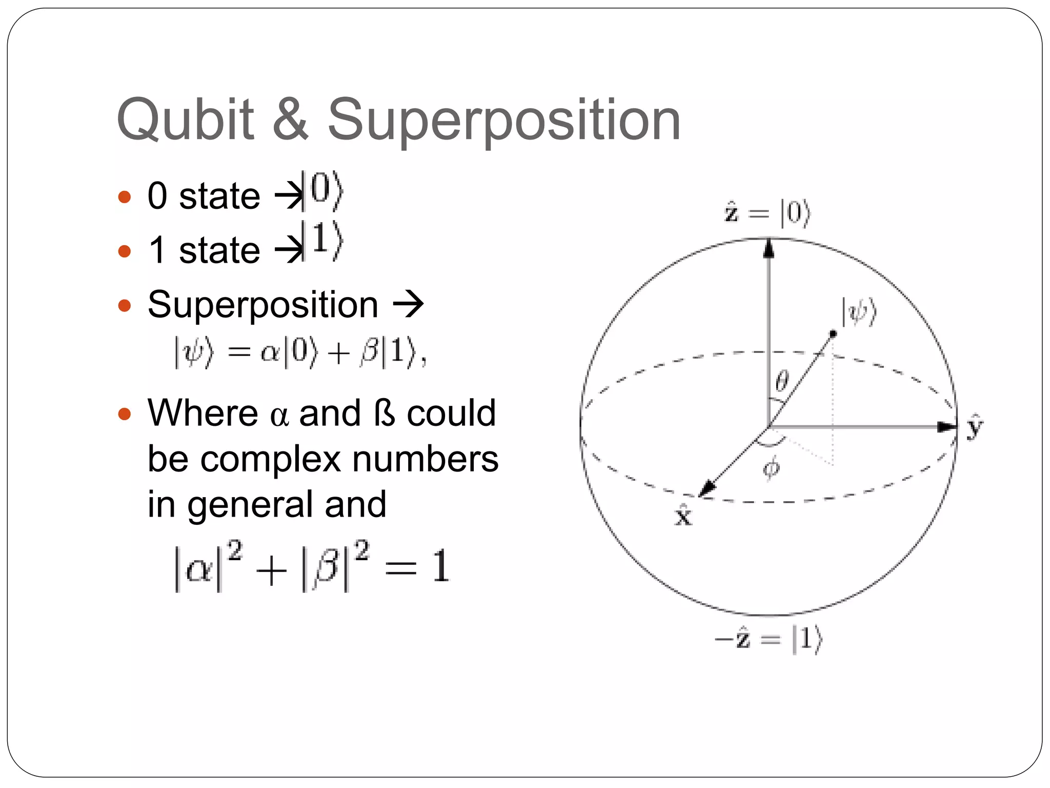 Qubit & Superposition
 0 state 
 1 state 
 Superposition 
 Where α and ß could
be complex numbers
in general and
 