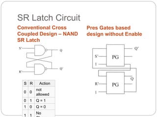 SR Latch Circuit
Conventional Cross
Coupled Design – NAND
SR Latch
Pres Gates based
design without Enable
S R Action
0 0
not
allowed
0 1 Q = 1
1 0 Q = 0
1 1
No
 