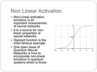 Non Linear Activation
 Non-Linear activation
functions is an
important characteristic
of neural networks.
 It is a source for non-
linear properties of
neural networks
 Sigmoid function is the
most famous example
 One open issue of
Quantum Neural
Networks is how to
incorporate non-linear
functions in quantum
systems which is linear
 