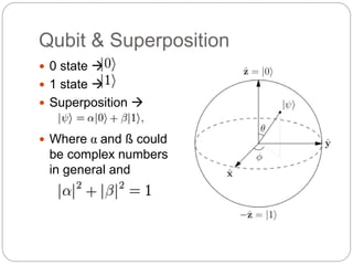 Qubit & Superposition
 0 state 
 1 state 
 Superposition 
 Where α and ß could
be complex numbers
in general and
 