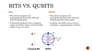 Bits:
 The device computes by
manipulating those bits with the
help of logical gates.
 A classical computer has a memory
made up of bits, where each bit holds
either a one or a zero.
Qubits:
 The device computes by
manipulating those bits with the
help of quantum logic gates.
 A qubits can hold a one,a zero or
crucially a superpositoion of these.
 