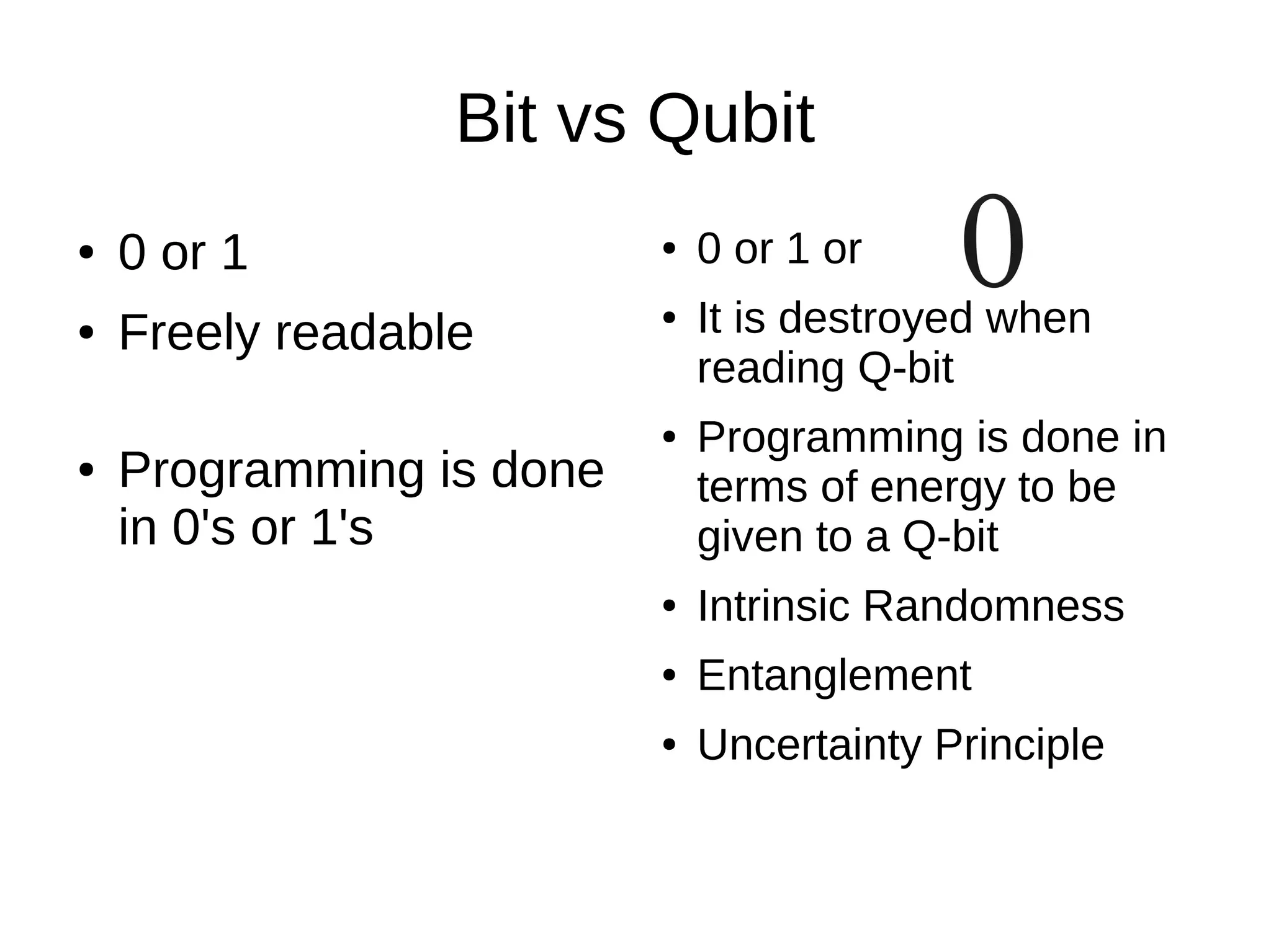 Bit vs Qubit
● 0 or 1
● Freely readable
● Programming is done
in 0's or 1's
● 0 or 1 or
● It is destroyed when
reading Q-bit
● Programming is done in
terms of energy to be
given to a Q-bit
● Intrinsic Randomness
● Entanglement
● Uncertainty Principle
 