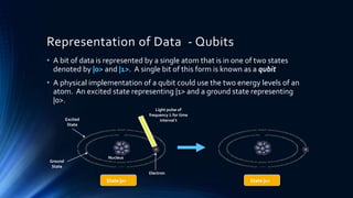 Representation of Data - Qubits
• A bit of data is represented by a single atom that is in one of two states
denoted by |0> and |1>. A single bit of this form is known as a qubit
• A physical implementation of a qubit could use the two energy levels of an
atom. An excited state representing |1> and a ground state representing
|0>.
Excited
State
Ground
State
Nucleus
Light pulse of
frequency  for time
interval t
Electron
State |0> State |1>
 