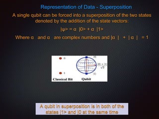 Representation of Data - Superposition
A single qubit can be forced into a superposition of the two states
denoted by the addition of the state vectors:
|ψ> = α |0> + α |1>
Where α and α are complex numbers and |α | + | α | = 1
A qubit in superposition is in both of the
states |1> and |0 at the same time
 