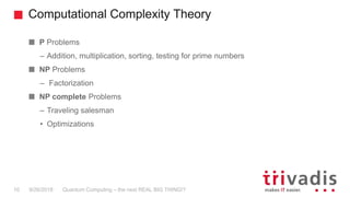 Computational Complexity Theory
Quantum Computing – the next REAL BIG THING!?10 9/26/2018
P Problems
– Addition, multiplication, sorting, testing for prime numbers
NP Problems
– Factorization
NP complete Problems
– Traveling salesman
• Optimizations
 