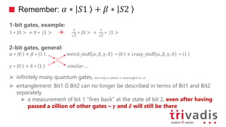 2-bit gates, general:
𝛼 ∗ 0 + 𝛽 ∗ 1 weird_stuff(𝛼, 𝛽, 𝛾, 𝛿) ∗ 0 + crazy_stuff(𝛼, 𝛽, 𝛾, 𝛿) ∗ 1
Ꚛ
𝛾 ∗ 0 + 𝛿 ∗ 1 𝑠𝑖𝑚𝑖𝑙𝑎𝑟 …
Remember: 𝛼 ∗ 𝑆1 + 𝛽 ∗ 𝑆2
1-bit gates, example:
1 ∗ 0 > + 0 ∗ 1 > 
1
2
∗ 0 > +
1
2
∗ 1 >
 infinitely many quantum gates, but only a subset is meaningful to us
 entanglement: Bit1 Ꚛ Bit2 can no longer be described in terms of Bit1 and Bit2
separately
 a measurement of bit 1 “fires back” at the state of bit 2, even after having
passed a zillion of other gates – 𝛾 and 𝛿 will still be there
 