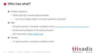 Who has what?
Quantum Computing – the next REAL BIG THING!?35 9/26/2018
D-Wave Systems
– 2048 qubit QC commercially available
– … but not a Q-gate based “universal quantum computer”
IBM
– 20 qubit quantum computer available online (https://quantumexperience.ng.bluemix.net/qx/experience )
– Announced prototype of 50 qubit processor
– QC framework: https://qiskit.org/
Alibaba
– 11 qubit quantum computer available online
 