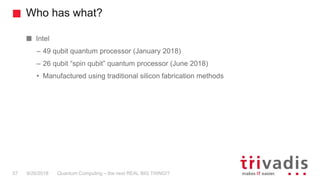 Who has what?
Quantum Computing – the next REAL BIG THING!?37 9/26/2018
Intel
– 49 qubit quantum processor (January 2018)
– 26 qubit “spin qubit” quantum processor (June 2018)
• Manufactured using traditional silicon fabrication methods
 