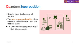 Quantum Superposition
• Results from dual nature of
matter.
• The non – zero probability of an
electron to be in more than one
distinct state.
• So, until when it stays that way?
• Until it is measured…
12/19/2022 15
 