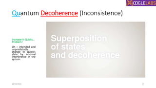 Quantum Decoherence (Inconsistence)
Increase in Qubits…
Problem!
Un – intended and
unpredictable
change in Qubit’s
state by external
interference in the
system.
12/19/2022 17
 