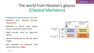 The world from Newton’s glasses
(Classical Mechanics)
• Proposed by Sir Issac Newton in 1687 in his
legendary book ‘Naturalis Principia
Mathematica’.
• Applicable to ‘Macro’ scopic objects
(humans, spaceships, planets, stars).
• Highly accurate results for large–scale
objects.
• Speeds involving way less than the speed
of light!
• NOT applicable for extremely small
particles (electrons). Why?
12/19/2022 4
 