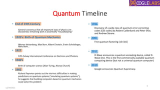 Quantum Timeline
• End of 19th Century
General consensus that all important laws of physics are
discovered; remaining work is essentially “housekeeping”
• 1920's: Birth of Quantum Mechanics
Werner Heisenberg, Max Born, Albert Einstein, Erwin Schrödinger,
Niels Bohr...
• 1927
Fifth Solvay International Conference on Electrons and Photons
• 1940’s
Birth of computer science (Alan Turing, Alonzo Church)
• 1982
Richard Feynman points out the intrinsic difficulties in making
predictions on quantum systems (‘simulating quantum systems”);
he suggests that building computers based on quantum mechanics
could solve this problem.
• 1996
Discovery of a wide class of quantum error-correcting
codes (CSS codes) by Robert Calderbank and Peter Shor,
and Andrew Steane.
• 2001
First quantum factoring (15=3x5)
• 2011
D-Wave announces a quantum annealing device, called D-
Wave One. This is the first commercially available quantum
computing device (but not a universal quantum computer)
• 2019
Google announces Quantum Supremacy.
12/19/2022
6
 