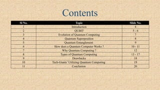 Contents
Sl No. Topic ݺߣ No.
1 Introduction 4
2 QUBIT 5 - 6
3 Evolution of Quantum Computing 7
4 Quantum Superposition 8
5 Quantum Entanglement 9
6 How does a Quantum Computer Works ? 10 - 11
7 Why Quantum Computing ? 12
8 Types of Quantum Computing 13 - 17
9 Drawbacks 18
10 Tech-Giants’ Utilizing Quantum Computing 19
11 Conclusion 20
 