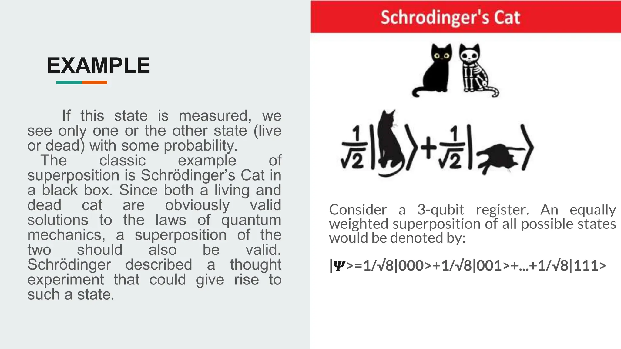 EXAMPLE
If this state is measured, we
see only one or the other state (live
or dead) with some probability.
The classic example of
superposition is Schrödinger’s Cat in
a black box. Since both a living and
dead cat are obviously valid
solutions to the laws of quantum
mechanics, a superposition of the
two should also be valid.
Schrödinger described a thought
experiment that could give rise to
such a state.
Consider a 3-qubit register. An equally
weighted superposition of all possible states
would be denoted by:
|𝜳>=1/√8|000>+1/√8|001>+...+1/√8|111>
 