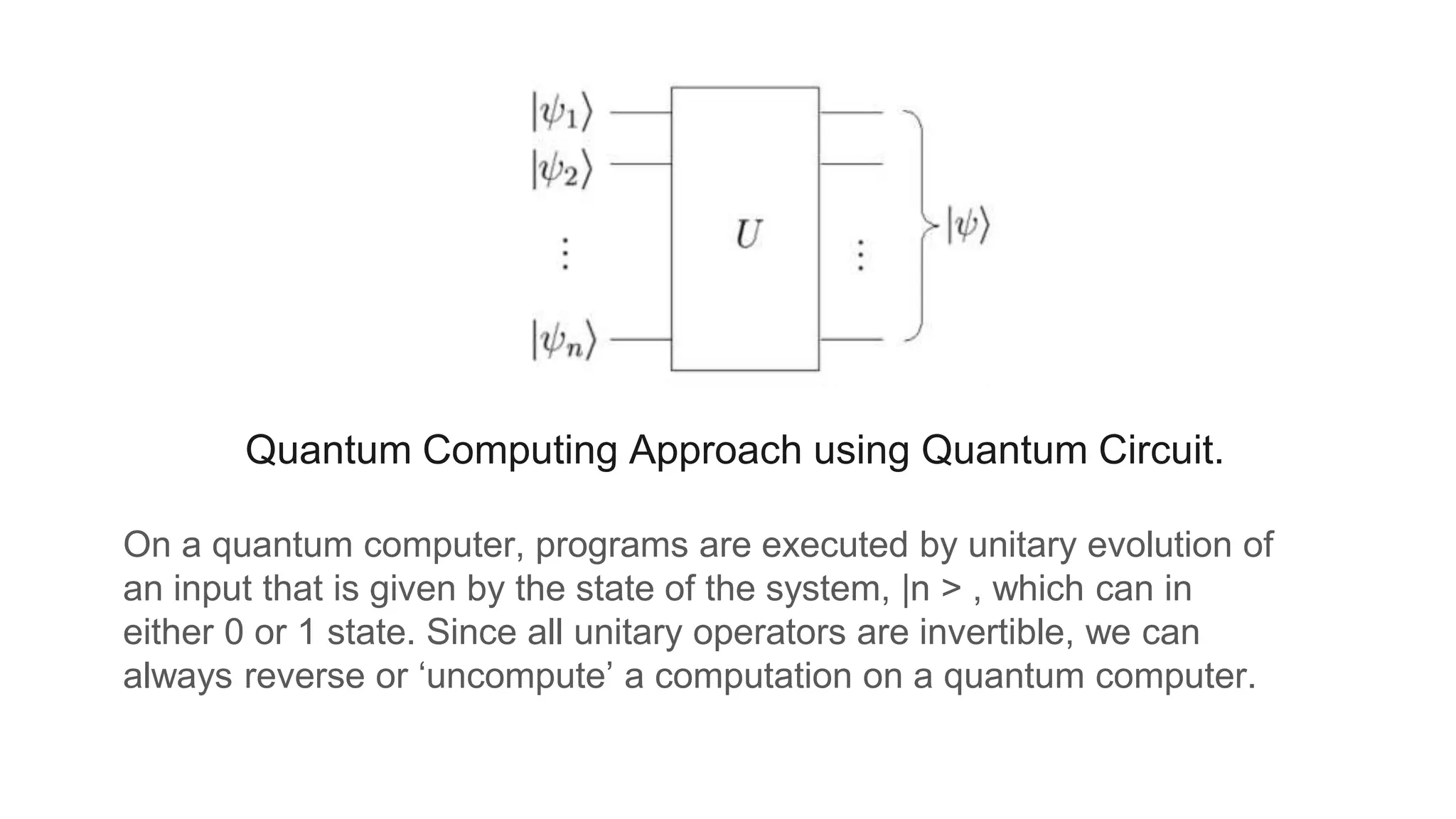 Quantum Computing Approach using Quantum Circuit.
On a quantum computer, programs are executed by unitary evolution of
an input that is given by the state of the system, |n > , which can in
either 0 or 1 state. Since all unitary operators are invertible, we can
always reverse or ‘uncompute’ a computation on a quantum computer.
 