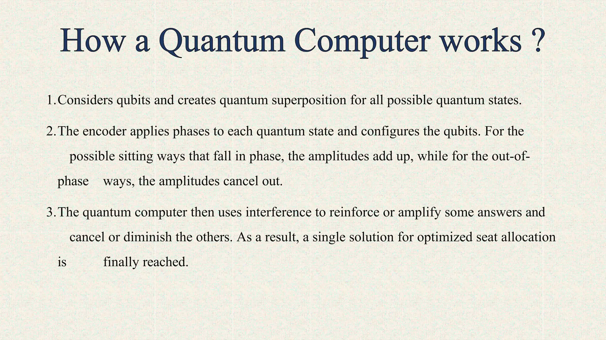 1.Considers qubits and creates quantum superposition for all possible quantum states.
2.The encoder applies phases to each quantum state and configures the qubits. For the
possible sitting ways that fall in phase, the amplitudes add up, while for the out-of-
phase ways, the amplitudes cancel out.
3.The quantum computer then uses interference to reinforce or amplify some answers and
cancel or diminish the others. As a result, a single solution for optimized seat allocation
is finally reached.
 