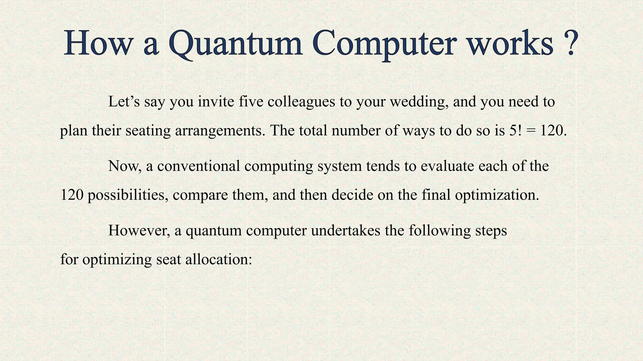 Let’s say you invite five colleagues to your wedding, and you need to
plan their seating arrangements. The total number of ways to do so is 5! = 120.
Now, a conventional computing system tends to evaluate each of the
120 possibilities, compare them, and then decide on the final optimization.
However, a quantum computer undertakes the following steps
for optimizing seat allocation:
 
