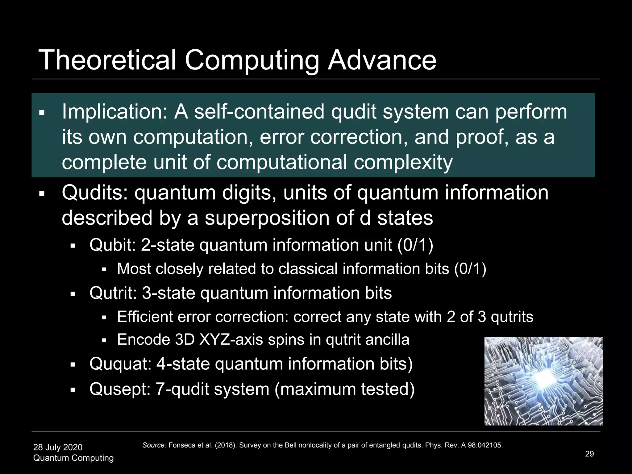 28 July 2020
Quantum Computing
 Implication: A self-contained qudit system can perform
its own computation, error correction, and proof, as a
complete unit of computational complexity
 Qudits: quantum digits, units of quantum information
described by a superposition of d states
 Qubit: 2-state quantum information unit (0/1)
 Most closely related to classical information bits (0/1)
 Qutrit: 3-state quantum information bits
 Efficient error correction: correct any state with 2 of 3 qutrits
 Encode 3D XYZ-axis spins in qutrit ancilla
 Ququat: 4-state quantum information bits)
 Qusept: 7-qudit system (maximum tested)
29
Theoretical Computing Advance
Source: Fonseca et al. (2018). Survey on the Bell nonlocality of a pair of entangled qudits. Phys. Rev. A 98:042105.
 