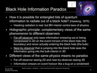 28 July 2020
Quantum Computing
 How it is possible for entangled bits of quantum
information to radiate out of a black hole? (Hawking, 1975)
 Hawking radiation is real, but BH interior contra laws of physics
 Holographic principle: complementary views of the same
phenomenon to different observers
 Far-off observer only sees information smearing out or being
compressed in 2D on the event horizon of the black hole (the
boundary) and never actually entering the black hole (the bulk)
 Near-by observer that is jumping into the black hole sees the
information going into the bulk interior in 3D
 Different views of the same physics means no paradox
 Far-off observer seeing 2D and near-by observer seeing 3D
 Information smears on event horizon like a bug on a windshield
Black Hole Information Paradox
14
Sources: Susskind, L.; Maldacena, J.; Gravity: particle wave functions: gauge theory: field geometry
 