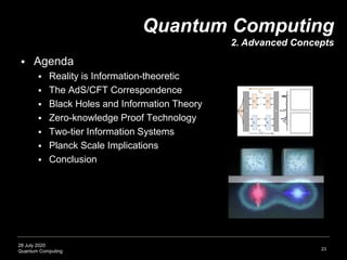 28 July 2020
Quantum Computing
 Agenda
 Reality is Information-theoretic
 The AdS/CFT Correspondence
 Black Holes and Information Theory
 Zero-knowledge Proof Technology
 Two-tier Information Systems
 Planck Scale Implications
 Conclusion
23
Quantum Computing
2. Advanced Concepts
 