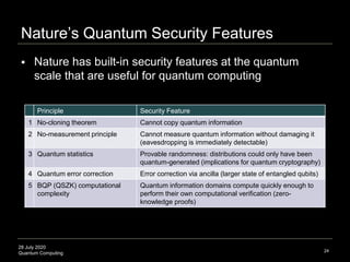 28 July 2020
Quantum Computing
Nature’s Quantum Security Features
24
 Nature has built-in security features at the quantum
scale that are useful for quantum computing
Principle Security Feature
1 No-cloning theorem Cannot copy quantum information
2 No-measurement principle Cannot measure quantum information without damaging it
(eavesdropping is immediately detectable)
3 Quantum statistics Provable randomness: distributions could only have been
quantum-generated (implications for quantum cryptography)
4 Quantum error correction Error correction via ancilla (larger state of entangled qubits)
5 BQP (QSZK) computational
complexity
Quantum information domains compute quickly enough to
perform their own computational verification (zero-
knowledge proofs)
 