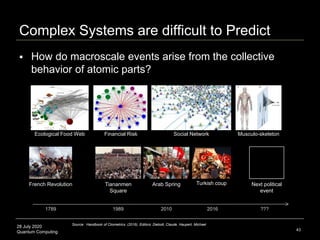 28 July 2020
Quantum Computing
Complex Systems are difficult to Predict
43
1789 2010 ???
French Revolution Tiananmen
Square
Next political
event
Arab Spring Turkish coup
1989 2016
Source: Handbook of Cliometrics. (2016). Editors: Diebolt, Claude, Haupert, Michael
Musculo-skeletonFinancial RiskEcological Food Web Social Network
 How do macroscale events arise from the collective
behavior of atomic parts?
 
