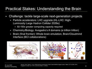 28 July 2020
Quantum Computing
Practical Stakes: Understanding the Brain
 Challenge: tackle large-scale next-generation projects
 Particle accelerators: LHC upgrade (HL-LHC: High-
Luminosity Large Hadron Collider 2026e)
 50-100x greater computing capacity required
 Chemistry/Biology: Avogadro’s # domains (a trillion trillion)
 Brain (final frontier): Whole brain emulation, Brain/Cloudmind
Interface (BCI collaborations)
60
Source: Cook, Steven J. et al. Whole-animal connectomes of both Caenorhabditis elegans sexes. Nature. (571):63-89, 2019.
Avogadro’s number: (6 × 1023) or (0.6 of a trillion × a trillion)
 