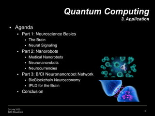 28 July 2020
B/CI Cloudmind
 Agenda
 Part 1: Neuroscience Basics
 The Brain
 Neural Signaling
 Part 2: Nanorobots
 Medical Nanorobots
 Neuronanorobots
 Neurocurrencies
 Part 3: B/CI Neuronanorobot Network
 BioBlockchain Neuroeconomy
 IPLD for the Brain
 Conclusion
3
Quantum Computing
3. Application
 