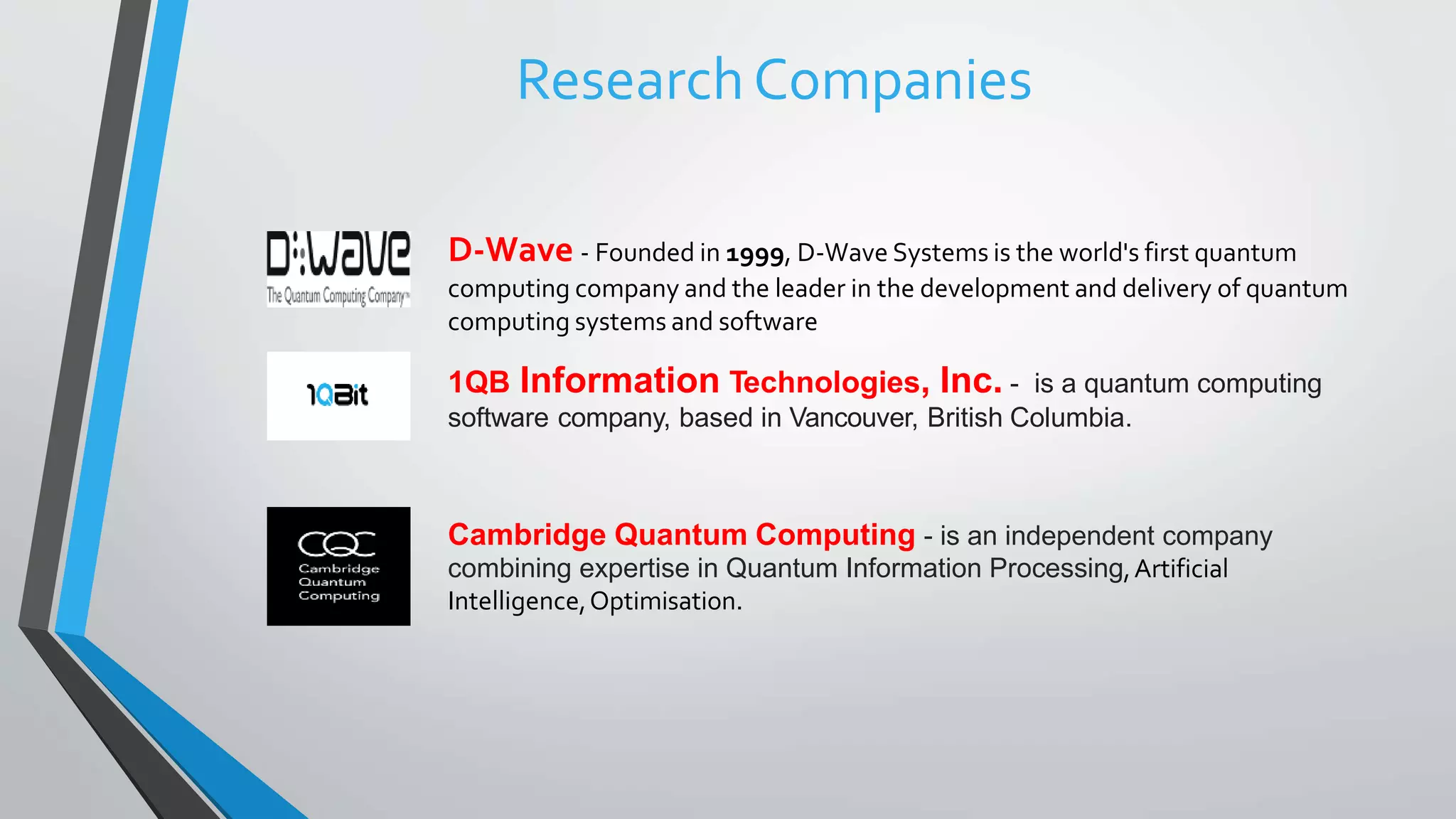 ResearchCompanies
D-Wave - Founded in 1999, D-Wave Systems is the world's first quantum
computing company and the leader in the development and delivery of quantum
computing systems and software
1QB Information Technologies, Inc. - is a quantum computing
software company, based in Vancouver, British Columbia.
Cambridge Quantum Computing - is an independent company
combining expertise in Quantum Information Processing,Artificial
Intelligence,Optimisation.
 