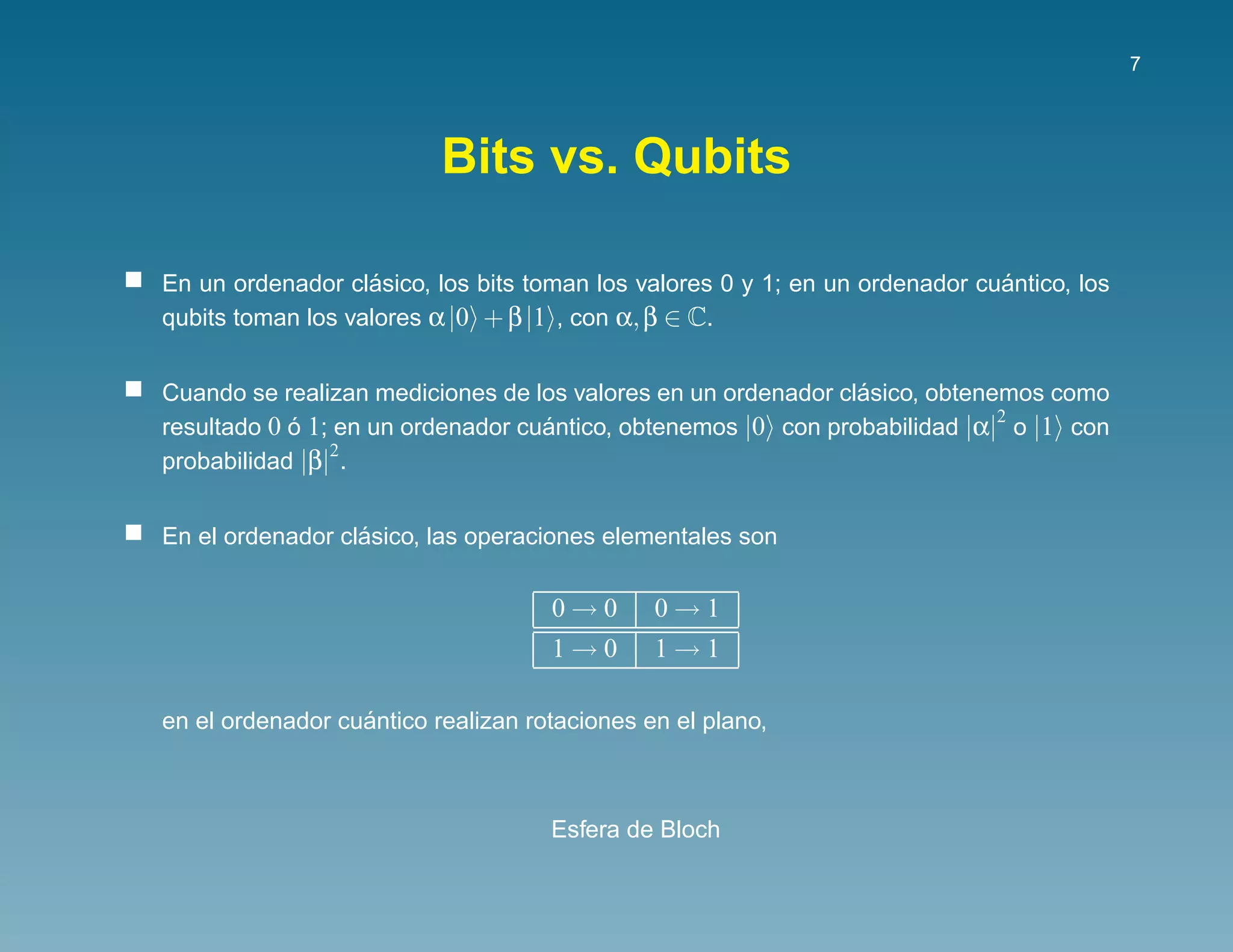 7




                          Bits vs. Qubits

                   ´                                                         ´
En un ordenador clasico, los bits toman los valores 0 y 1; en un ordenador cuantico, los
qubits toman los valores α |0 + β |1 , con α, β ∈ C.


                                                               ´
Cuando se realizan mediciones de los valores en un ordenador clasico, obtenemos como
                                                                            2
resultado 0 o 1; en un ordenador cuantico, obtenemos |0 con probabilidad |α| o |1 con
            ´                      ´
                2
probabilidad |β| .


                  ´
En el ordenador clasico, las operaciones elementales son


                                    0→0       0→1
                                    1→0       1→1

                  ´
en el ordenador cuantico realizan rotaciones en el plano,



                                    Esfera de Bloch
 