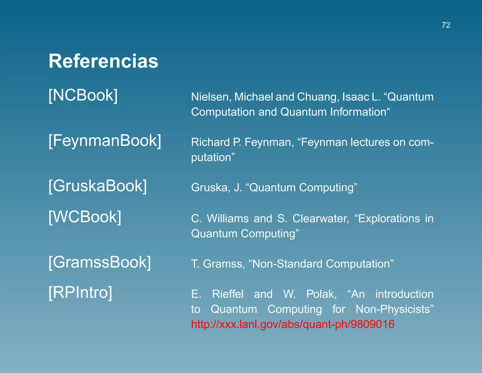 72




Referencias
[NCBook]        Nielsen, Michael and Chuang, Isaac L. “Quantum
                Computation and Quantum Information“

[FeynmanBook]   Richard P. Feynman, “Feynman lectures on com-
                putation”

[GruskaBook]    Gruska, J. “Quantum Computing”

[WCBook]        C. Williams and S. Clearwater, “Explorations in
                Quantum Computing”

[GramssBook]    T. Gramss, “Non-Standard Computation”

[RPIntro]       E. Rieffel and W. Polak, “An introduction
                to Quantum Computing for Non-Physicists”
                http://xxx.lanl.gov/abs/quant-ph/9809016
 