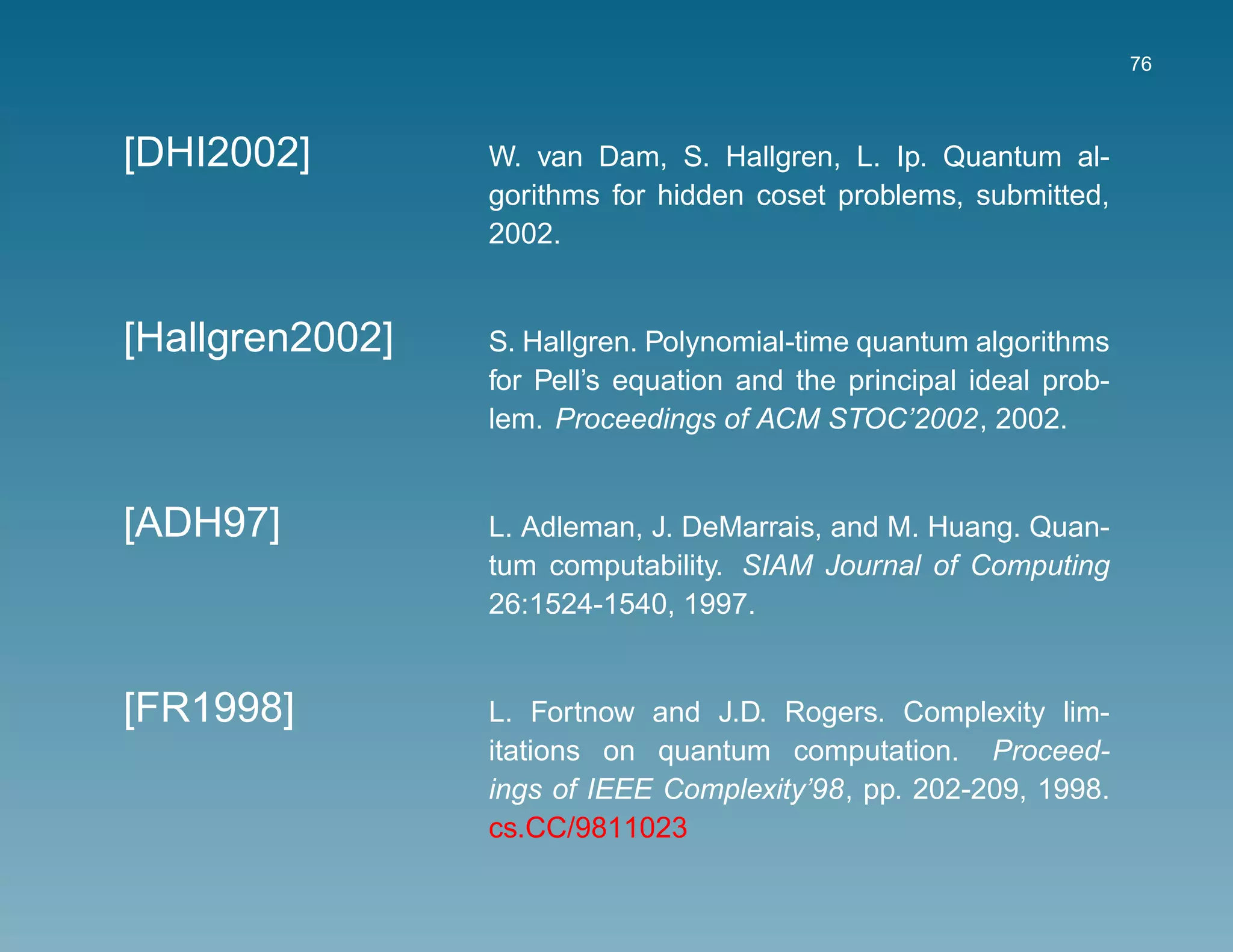 76



[DHI2002]        W. van Dam, S. Hallgren, L. Ip. Quantum al-
                 gorithms for hidden coset problems, submitted,
                 2002.


[Hallgren2002]   S. Hallgren. Polynomial-time quantum algorithms
                 for Pell’s equation and the principal ideal prob-
                 lem. Proceedings of ACM STOC’2002, 2002.


[ADH97]          L. Adleman, J. DeMarrais, and M. Huang. Quan-
                 tum computability. SIAM Journal of Computing
                 26:1524-1540, 1997.


[FR1998]         L. Fortnow and J.D. Rogers. Complexity lim-
                 itations on quantum computation. Proceed-
                 ings of IEEE Complexity’98, pp. 202-209, 1998.
                 cs.CC/9811023
 