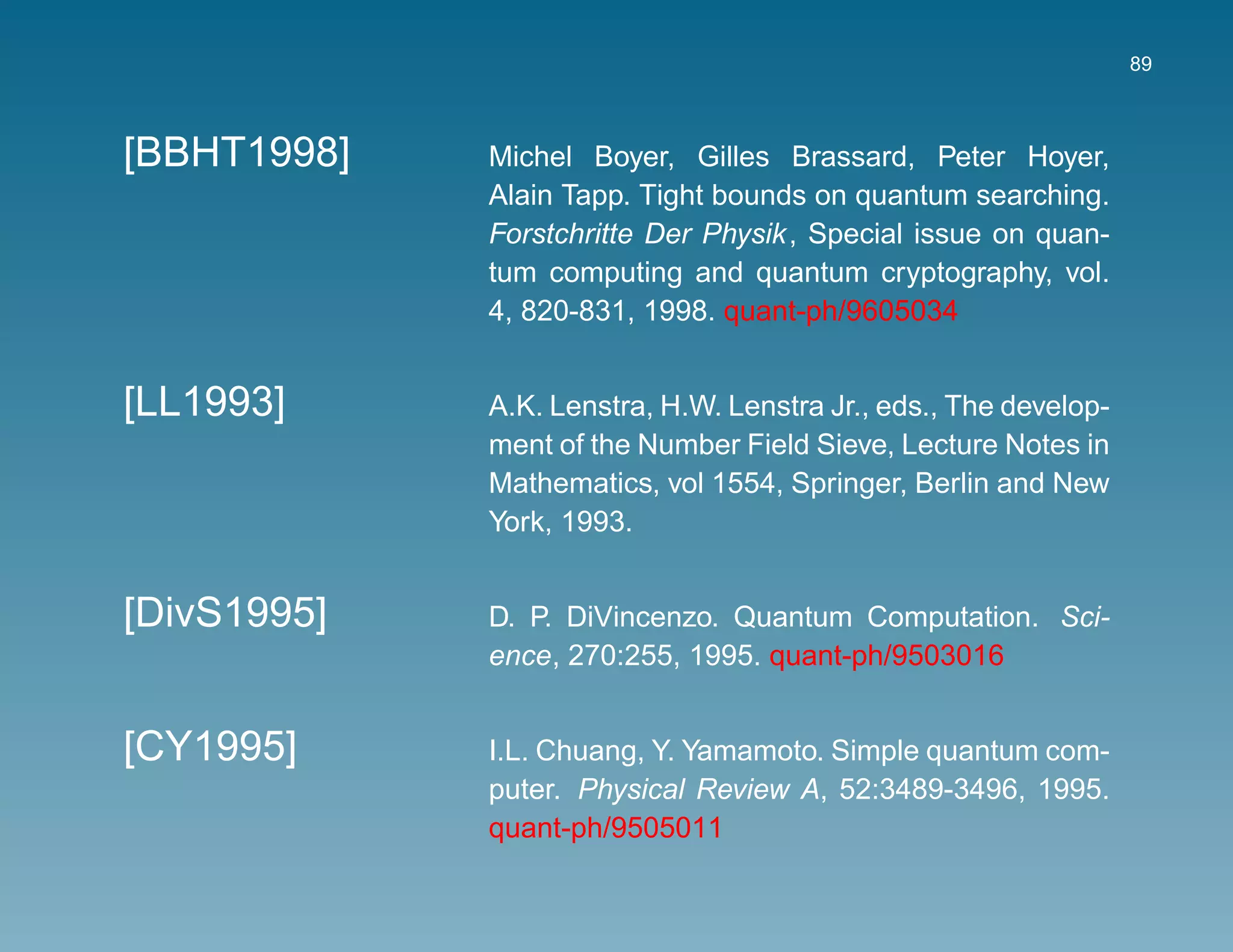 89



[BBHT1998]   Michel Boyer, Gilles Brassard, Peter Hoyer,
             Alain Tapp. Tight bounds on quantum searching.
             Forstchritte Der Physik , Special issue on quan-
             tum computing and quantum cryptography, vol.
             4, 820-831, 1998. quant-ph/9605034


[LL1993]     A.K. Lenstra, H.W. Lenstra Jr., eds., The develop-
             ment of the Number Field Sieve, Lecture Notes in
             Mathematics, vol 1554, Springer, Berlin and New
             York, 1993.


[DivS1995]   D. P. DiVincenzo. Quantum Computation. Sci-
             ence, 270:255, 1995. quant-ph/9503016


[CY1995]     I.L. Chuang, Y. Yamamoto. Simple quantum com-
             puter. Physical Review A, 52:3489-3496, 1995.
             quant-ph/9505011
 